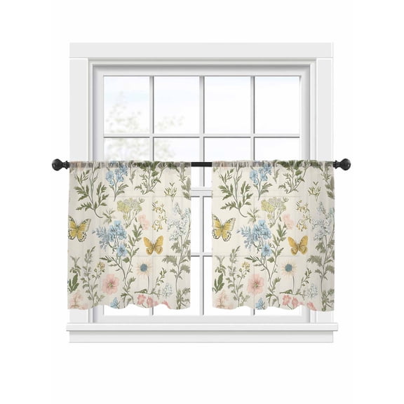 Colored Wildflowers Sheer Curtains for Living Room Bedroom, Butterfly Leaf Linen Texture Light Filtering Sheer Curtain Rod Pocket Voile Window Treaments Drapes, 52 x 45 Inches