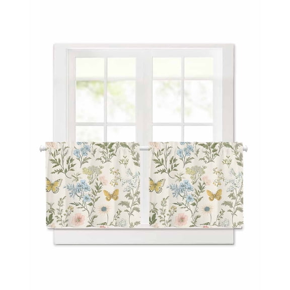 Colored Wildflowers Short Blackout Curtains 30Inch Long Butterfly Leaf Linen Texture Rod Pocket Kitchen Curtains, 2 Panels Thermal Insulated Room Darkening Drapes for Bedroom, 30"W x 30"L