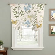 Colored Wildflowers Tie Up Curtain 45 Inches Long, Butterfly Leaf Linen Texture Balloon Style Kitchen Window Curtain Over Sink, Small Window Rod Pocket Curtain 34"x45"