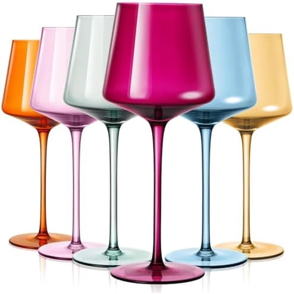 Colored Wine Glasses Set of 6, 18Oz Hand Blown Long Stem Premium Crystal White Red Wine Glass, Great Gift Set for Wife & Mom, Wedding, Anniversary, Christmas, Birthday