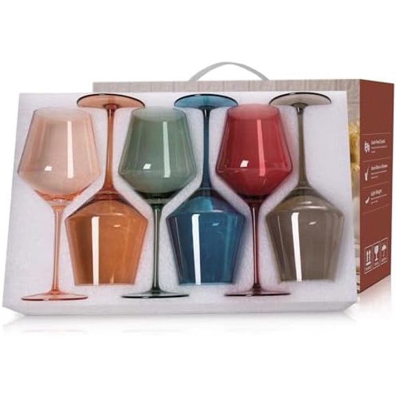 Colored Wine Glasses Set of 6-18oz, Crystal Hand Blown Colorful Wine Glasses with Long Stem,Gift for Entertaining, Party, Ideal for Birthday, Christmas