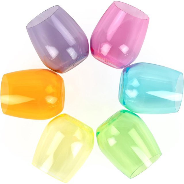 Colored Wine Glasses Set of 6 Stemless Plastic Glasses, Tritan