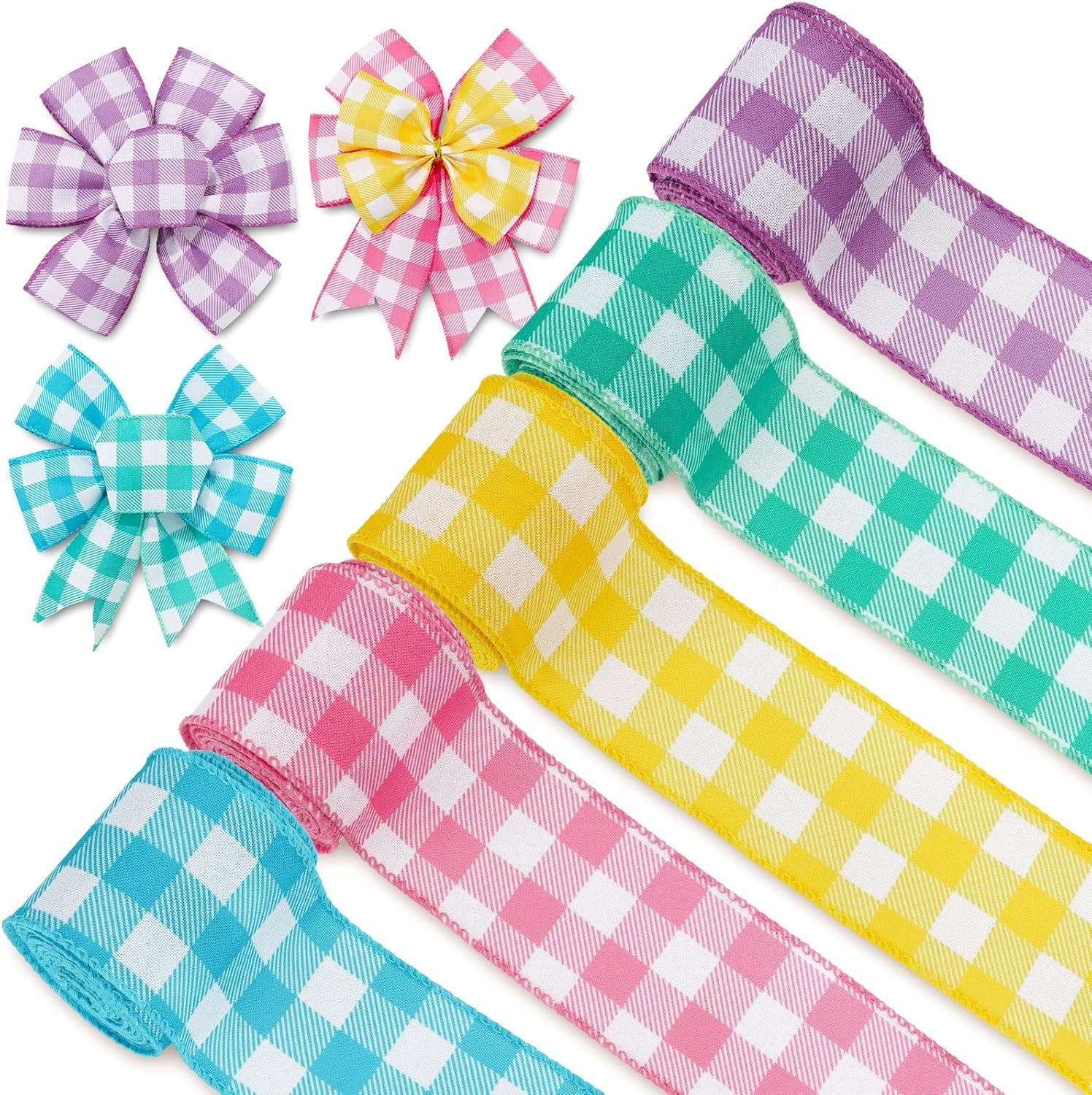 Colored Wired Edge Ribbon 25 Yards Spring Pastel Gingham Patterned Ribbon Colorful Buffalo Plaids Craft Fabric Ribbon for Gift Wreath Bow Making DIY Crafts Wrapping Supplies, 5 Rolls