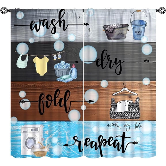 Colored Wooden Boards Laundry Curtains,Rustic Cartoon Watercolor Wash Dry Fold Repeat Decor Rod Pocket Window Treatments for Baby Kids Bedroom Bathroom Farmhouse Hotel Drapes 41" W X 54" L
