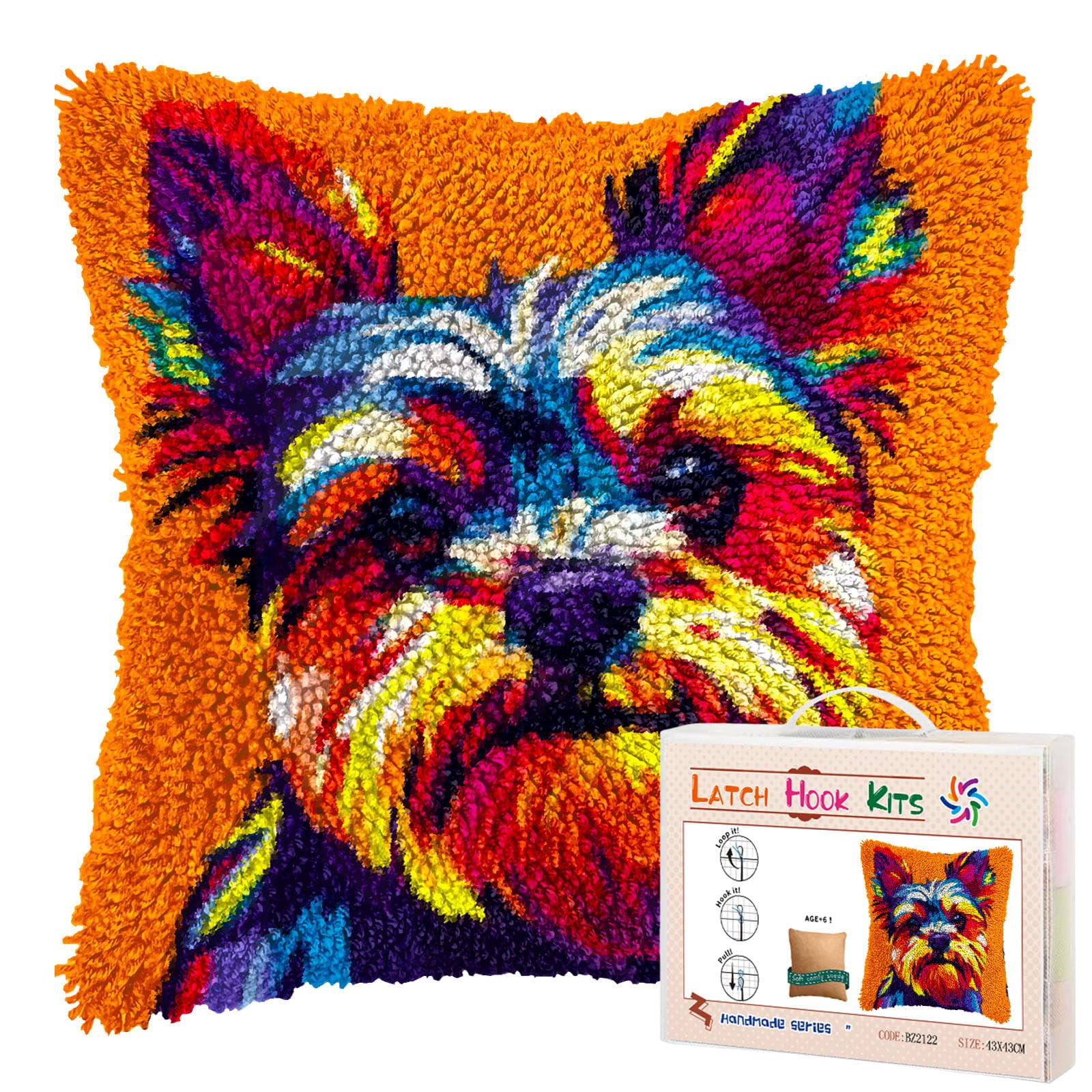 Colored Yorkshire Dog DIY Latch Hook Pillow Kits for Adults Printed Pillowcase Crochet Yarns Hooking Handmade Pillow Cover Cushion for Home Sofa Decoration 17x17inch