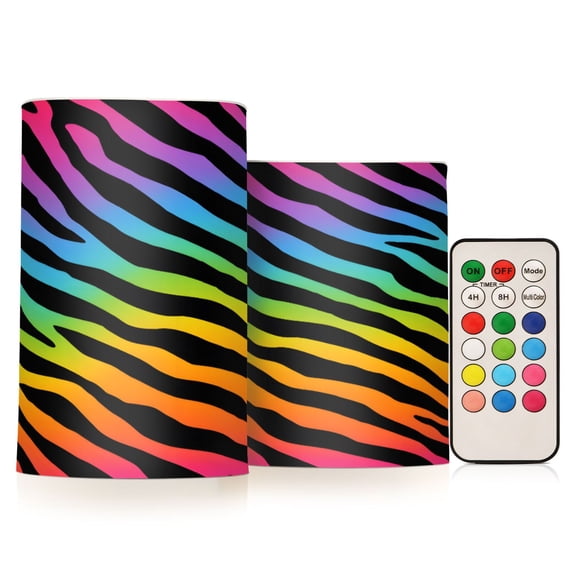 Colored Zebra Pattern Flameless LED Candle Set with Remote, Battery Operated Color Changing Pillar Candles, Set of 2