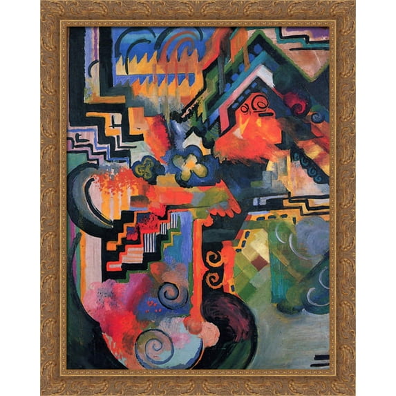Colored composition (Hommage to Johann Sebastian Bachh) 28x34 Large Gold Ornate Wood Framed Canvas Art by August Macke