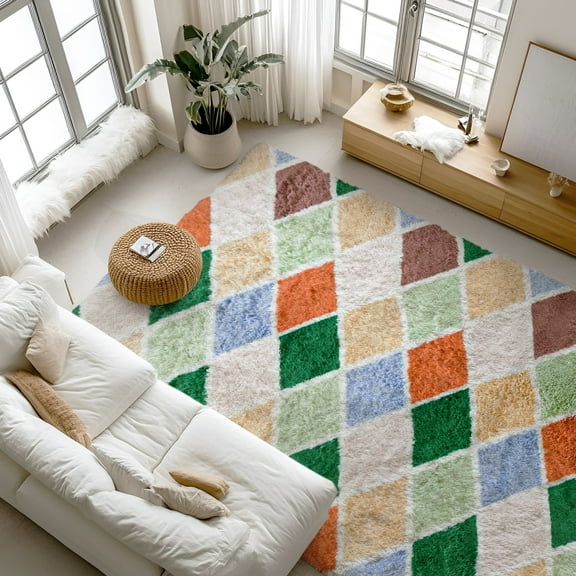 Pentantan 8ft x 10ft Shag Area Rugs for Living Room, Modern Grid Fluffy Bedroom Carpet, Pink & Green