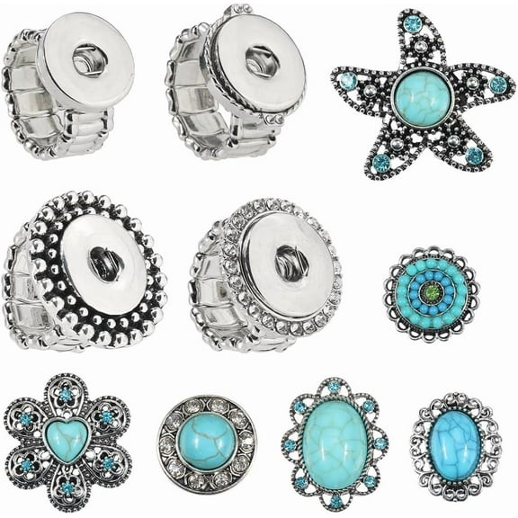 Colorful 1 Box 10Pcs Snap Button Rings Including 4Pcs Interchangeable Ring Settings with 6Pcs Rhinestone Resin Imitation Turquoise Beads Vintage Snap Buttons for Women Adults DIY Crafts Supplies