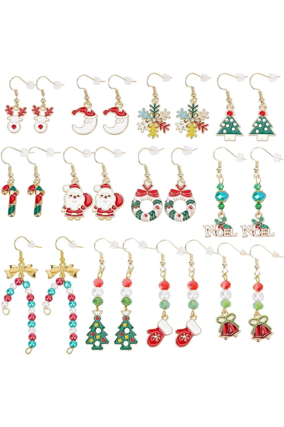 Colorful 1 Box 12 Pairs 12 Style Christmas Earrings Bulk Christmas Themed Earrings Fashion Dangle Earrings Pack Holiday Earrings for Women Adults Xmas Birthday Jewelry 2023 New Year Gifts Supplies