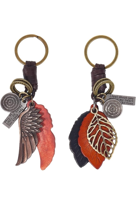 Colorful 1 Box 2Pcs 2 Styles Leaf Key Chain Angel Wing Keychain Genuine Leather Bronze Metal Alloy Universal Leaves Wings Charms Key Fob Holder Lanyard Keyring for Cars Purses Accessories