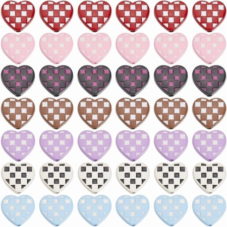 Colorful 1 Box 42Pcs 7 Colors Enamel Heart Beads Checkered Beads Bulk Lattice Tartan Baking Paint Alloy Opaque Cute Love Loose Spacers for Jewelry Making Supplies DIY Craft Necklace Bracelet Straps