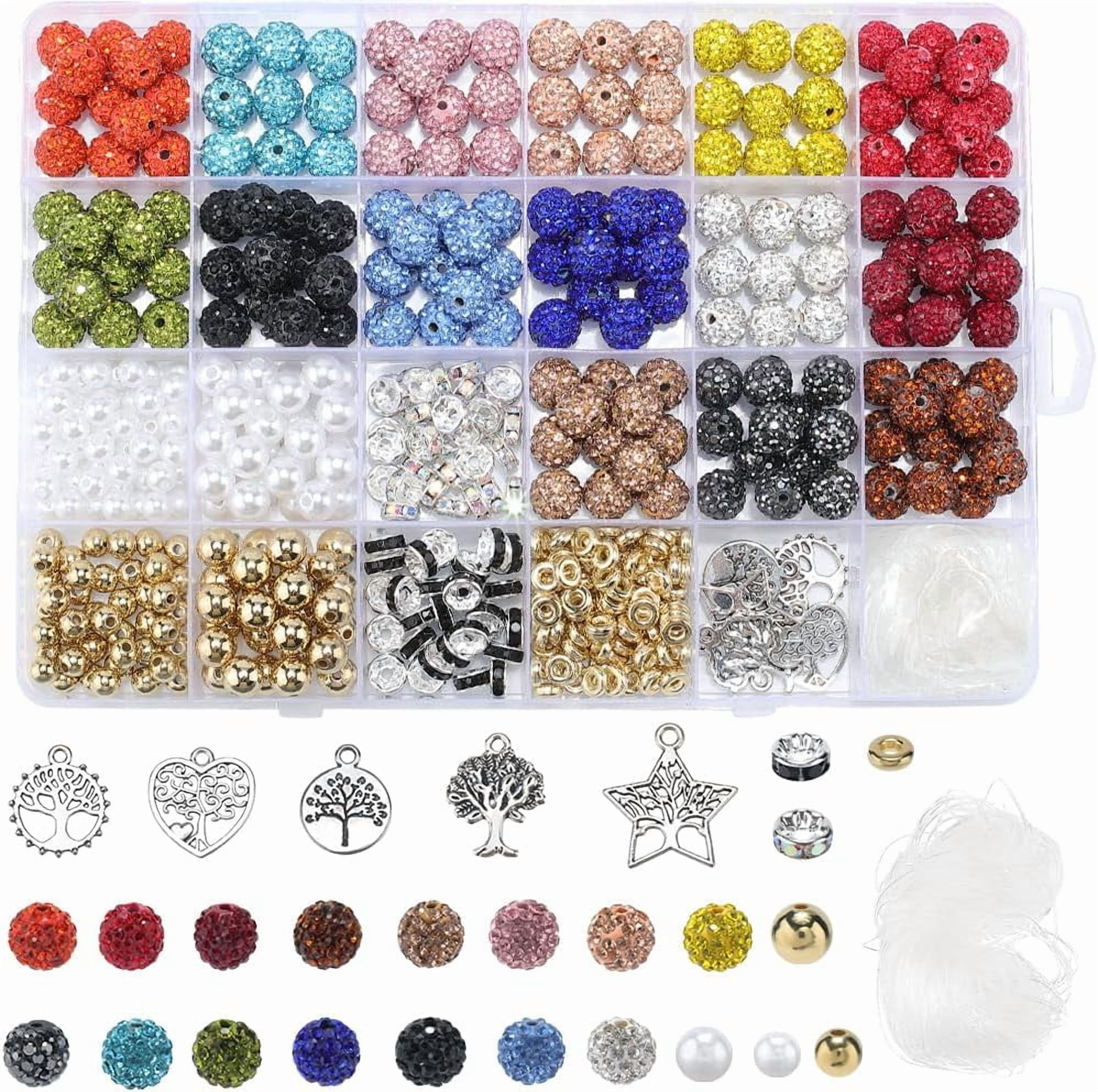 Colorful 1 Box 505Pcs Rhinestone Beads Kit 10MM Clay Beads Sparkle Disco Ball Beads with Charms Spacers Pearls Elastic String for Jewelry Making DIY Bracelet Necklace Earring Keychain Crafting