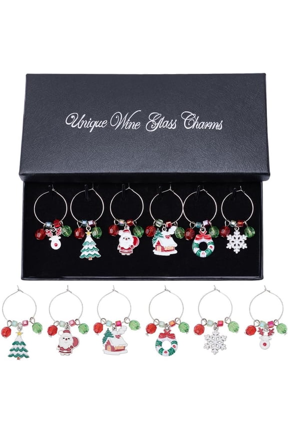 Colorful 1 Box 6pcs Christmas Wine Charms DIY Wine Stem Charms Colorful Red Green Snowflake Trees Identifiers Wine Tag for Holiday Party Favors Family Gatherings Drinker Gift Wedding Decoration