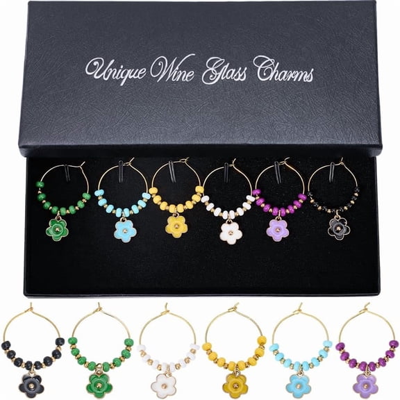 Colorful 1 Box 6pcs Flower Wine Glass Charms Bead Wine Charms Floral Alloy Enamel Wine Drink Markers Tags Identification Charms for Receptions Tasting Party Stem Glass Christmas Champagne Decoration