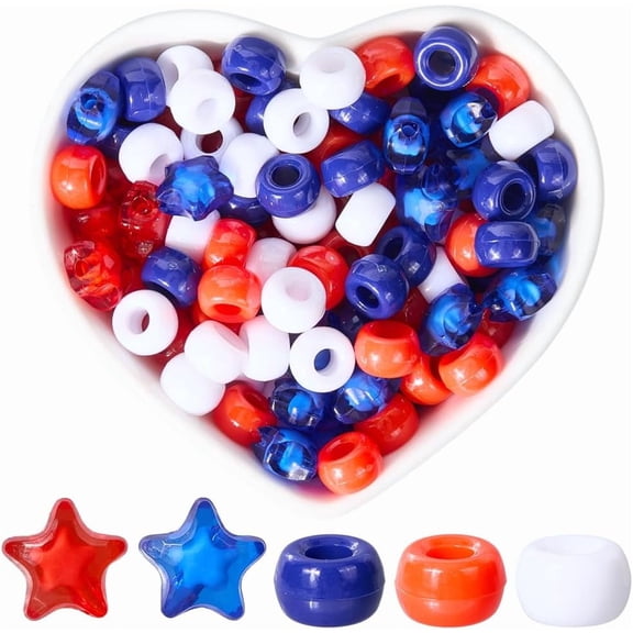 Colorful 1 Box 900Pcs Beads Red White and Blue Pony Beads Patriotic Beaded Ornament Plastic Stars Bead Bulk for 4th of July Decor DIY Crafts Bracelet Necklace Jewelry Making Supplies