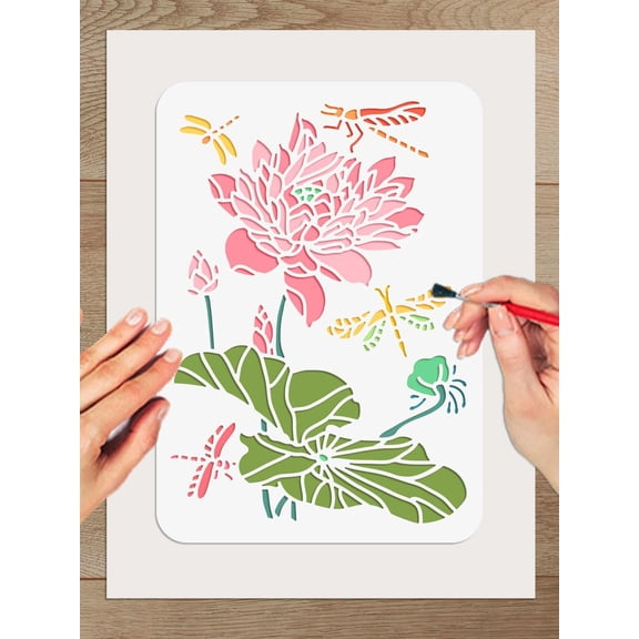 Colorful 1 Pc Dragonfly Lotus Stencil Lotus Flower Theme PET Hollow Out Drawing Painting Stencils for Greeting Card DIY Scrapbook Photo Album Painting on Wood Wall Fabric Home Decor 29.7x21cm