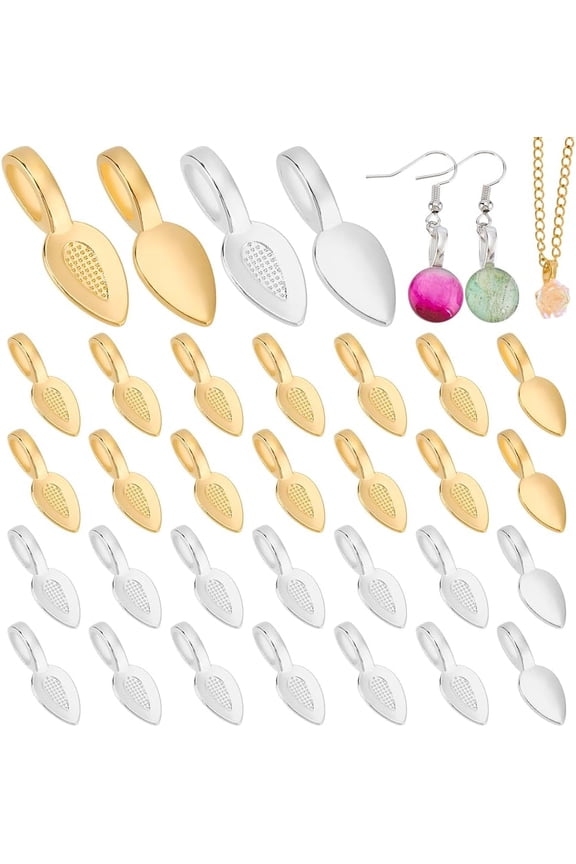 Colorful 100Pcs 2 Colors Alloy Glue-on Flat Pad Bails Pendant Cabochon Tibetan Spoon Cabochon Connectors Empty Flat Pad Bails Hanger Jewelry Findings Charm Base Blank Setting for DIY Jewelry Marking