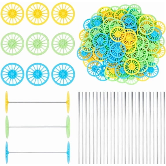 Colorful 100Pcs 3 Colors Plastic Project Wheels 1.5x0.2 Inch Shaft Round Rod Axles STEM Shaft Plastic Wheels and Steel Axles for DIY Projects Car Truck Boat Model Part Building Projects