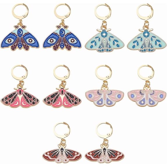 Colorful 10Pcs 5 Styles Locking Stitch Marker Moth Butterfly Stitch Markers Alloy Enamel Crochet Stitch Marker Charms Leverback Clasp Knitting Marker for DIY Keychain Jewelry Weaving Sewing