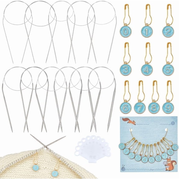 Colorful 11 Pcs Stainless Steel Circular Knitting Needles 10 Pcs Alloy Enamel Number Stitch Markers and 1 Pc Plastic Ruler Long Knitting Needles Round Needles for Blankets Scarves Socks