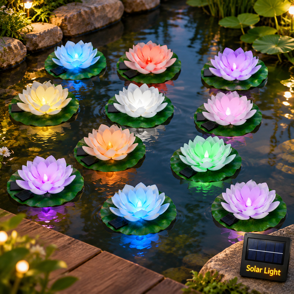 Colorful 12-Pack Solar Floating Lotus Pool Lights With Lily Pads