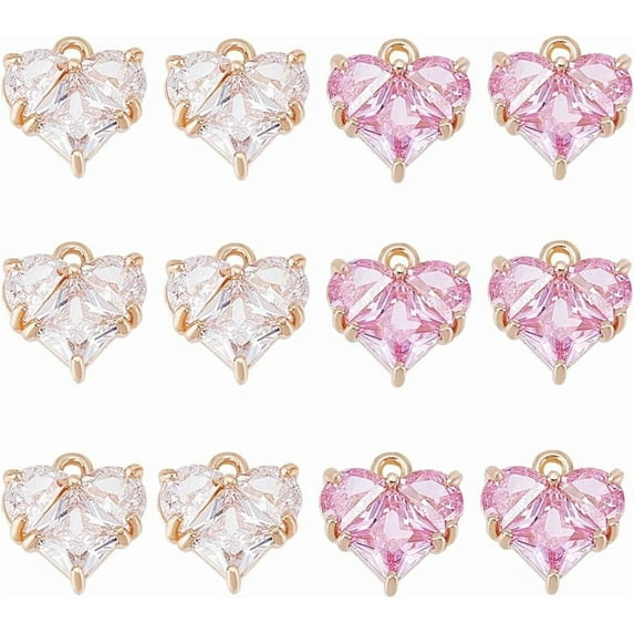 Colorful 12Pcs 2 Colors Rhinestone Heart Charms Bulk Gold Plated Brass Heart Charms Glass Love Dangle Pendants Love Charm for Bracelet Necklace Earring Jewelry Making Hole: 1.4mm