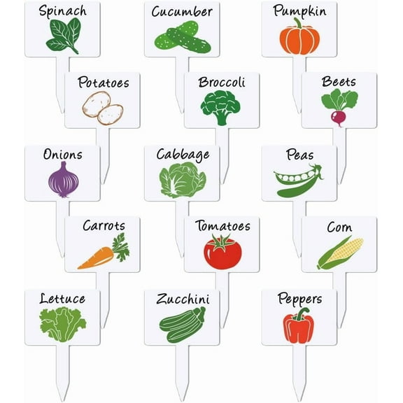 Colorful 15 Pcs White Acrylic Plant Labels Vegetable Themed Plant Labels with Artistic Body Vegetable Names and Patterns -Shaped Plant Markers Bulk for Lab Gardens Nursery Potted Plants