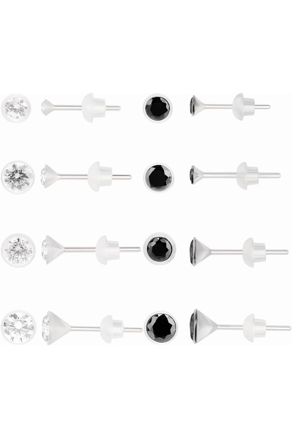 Colorful 16 Pairs 8 Styles Resin Stud Earrings Clear Black Flat Round Micro Pave Cubic Zirconia Post Earrings with 1 Box for Sensitive Skin Multiple Piercing Women Birthday Anniversary Jewelry Gift
