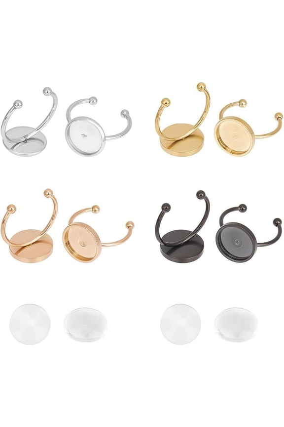 Colorful 16 Pcs 4 Colors Blank Cabochon Rings and 16 Pcs Glass Cabochons Mixed Colors 304 Stainless Steel Blank Dome Open Cuff Ring Set with Tray 12mm for Finger Ring Making Colorful DIY