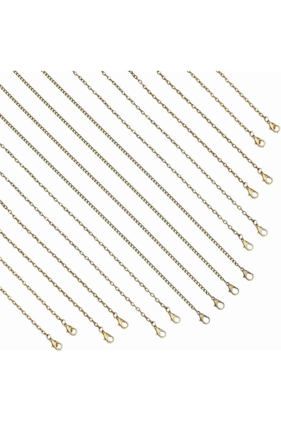 Colorful 16Pcs 4 Sizes Bronze Chains Iron Necklace Chains Set Brass Cable Chains Pack Bronze Plated Chain Unwelded Findings with Lobster Clasps for DIY Jewelry Making Accessories
