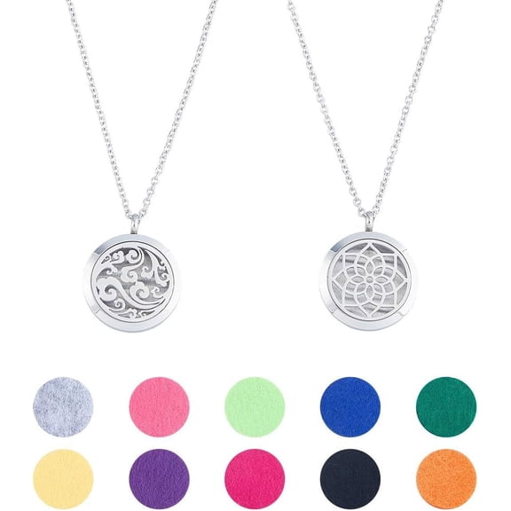 Colorful 2 Sets Aromatherapy Locket Pendant Necklace 24 Inch Adjustable Chain Lotus and Floating Cloud Essential Oil Diffuser Necklace Stainless Steel Locket Pendants for Women