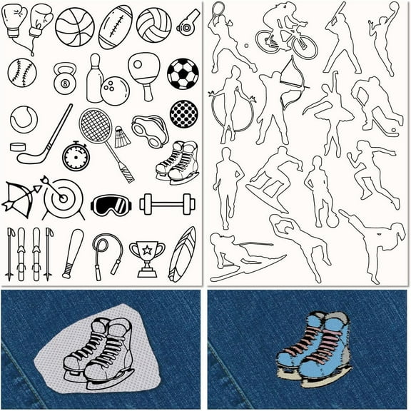Colorful 2 Sheets Sports Athlete Water Soluble Embroidery Patterns Stabilizers Football Hand Sewing Stick and Stitch Transfers Fabric Wash Away Pre-Printed Self Adhesive for Bags Cloth Sewing Lovers