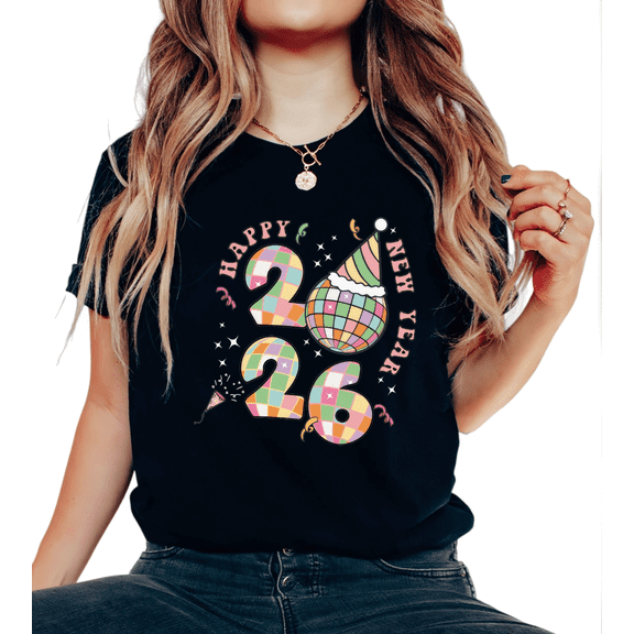 2026 Happy New Year Party Print Tshirt Graphic Tees Celebration Shirts Black S-5XL Holiday Festive Casual Trendy Classic Tops