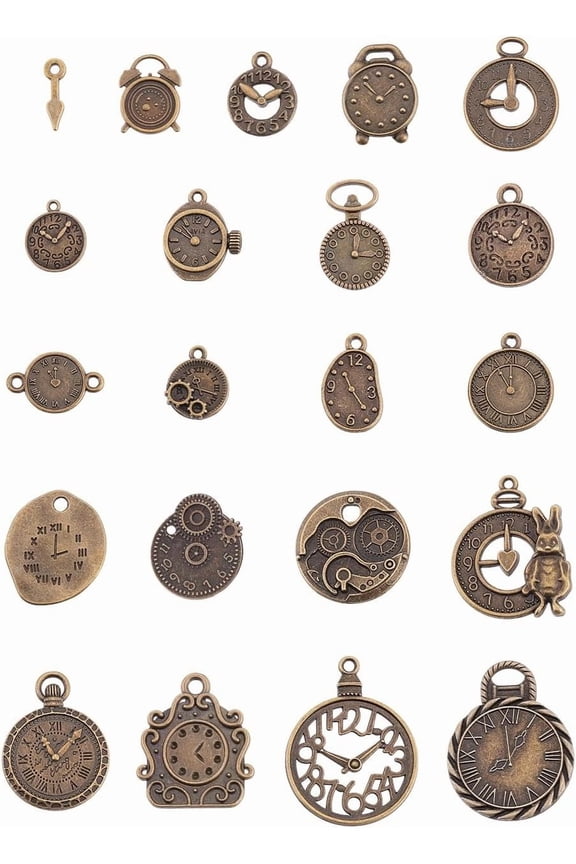 Colorful 20Pcs 20Styles Bronze Clock Face Charms with 10Pcs Dial Pointer Charms Pendants Steampunk Alloy Pendants 1.5-2mm Hole for Jewelry Necklace Making DIY Crafts Supplies 16~36x5~27x1~3.5mm