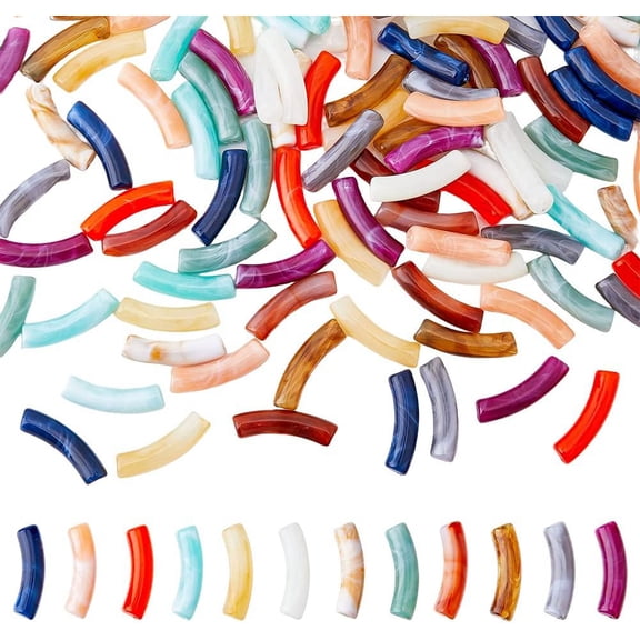 Colorful 216Pcs 12 Colors Acrylic Imitation Gemstone Bead Curved Long Spacer Connector Curved Chunky Bracelet Bead with 18m Elastic Thread Tube Bangle Bracelets for Women Jewelry DIY Making