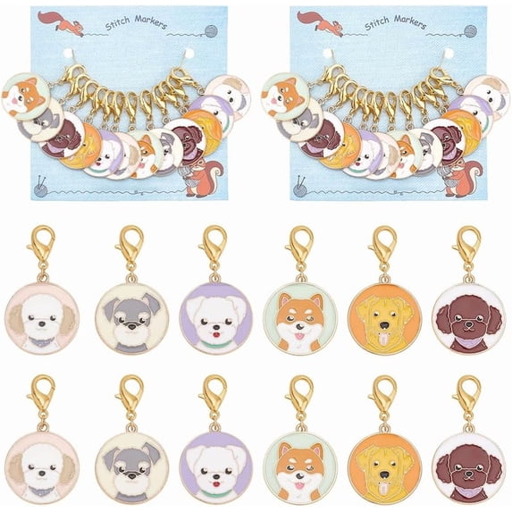 Colorful 24 Pcs Dog Stitch Markers Flat Round Enamel Alloy Crochet Stitch Marker Charms Lobster Claw Clasps Locking Stitch Marker for Knitting Weaving Sewing Accessories Handmade Jewelry