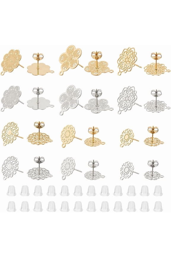 Colorful 24Pcs 6 Styles Flower Earring Findings 2 Colors Stainless Steel Filigree Earrings with Loop Metal Flower Earring Posts Earrings Component with 40Pcs Plastic Ear Nuts for Jewelry Making