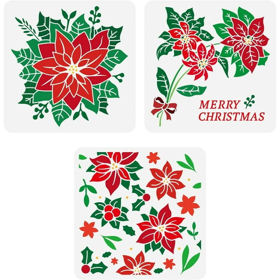 Colorful 3 PCS Poinsettia Stencil 11.8x11.8inch for Painting - Merry Christmas Reusable Holly Drawing Template - Plastic Hollow Out for Furniture DIY Home Decor