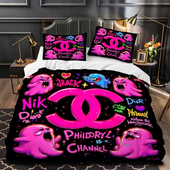 Colorful 3-Piece Duvet Cover Set with Cartoon Pink Ghosts & Bold Modern Design for Trendy Bedrooms