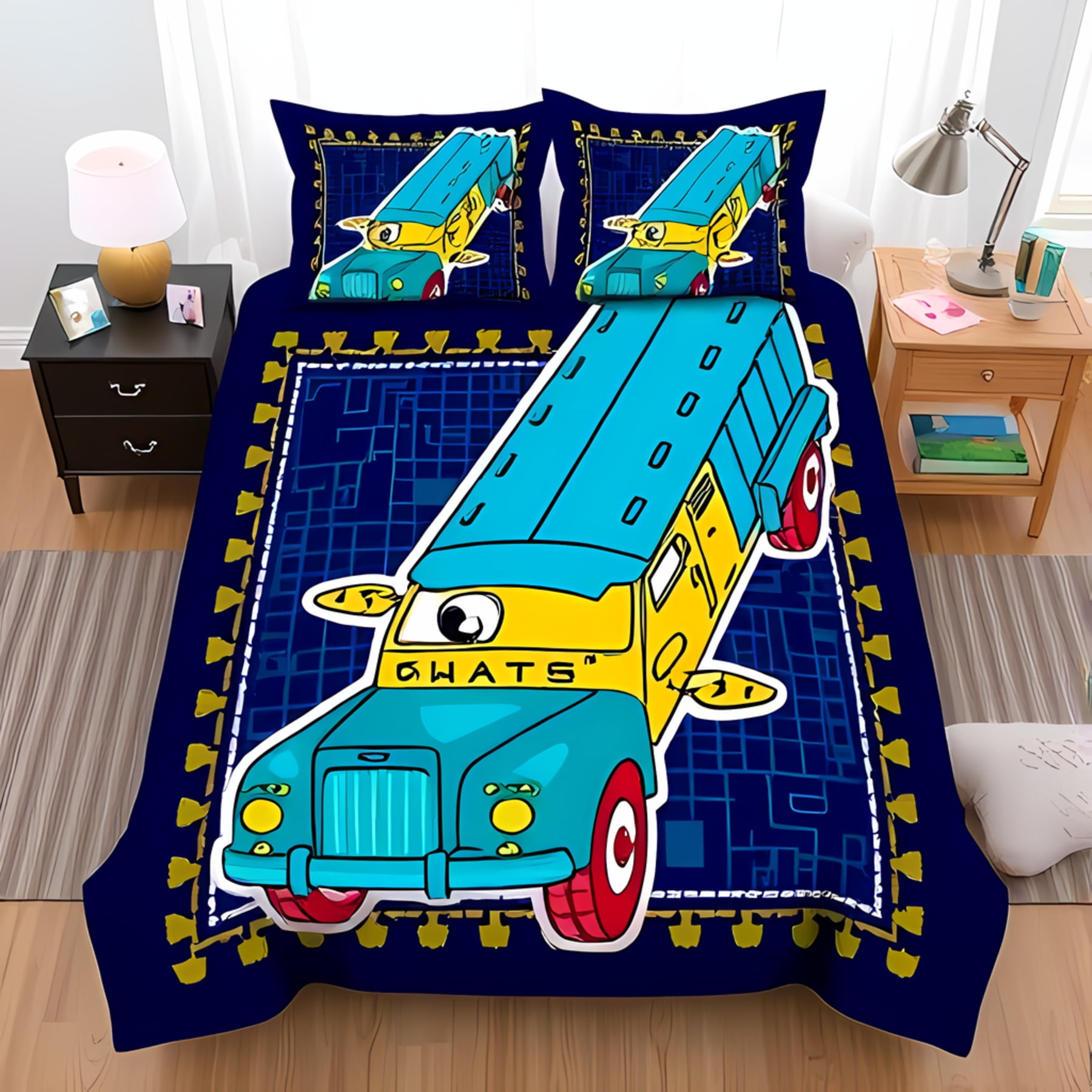 Colorful 3 Piece Duvet Cover Set with Cartoon Truck Design Playful Maze Colorful 3 Piece Duvet Cover Set with Cartoon Truck Design Playful Maze