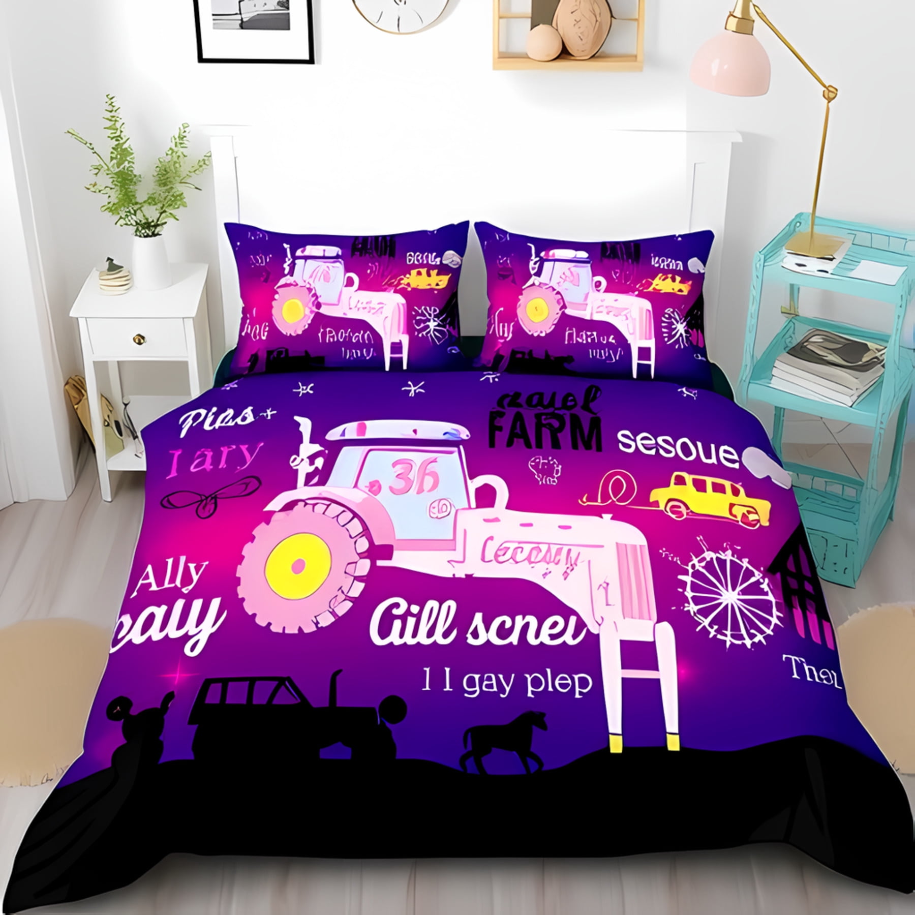 Colorful 3-Piece Duvet Cover Set with Tractor and Farm-Themed Designs ...
