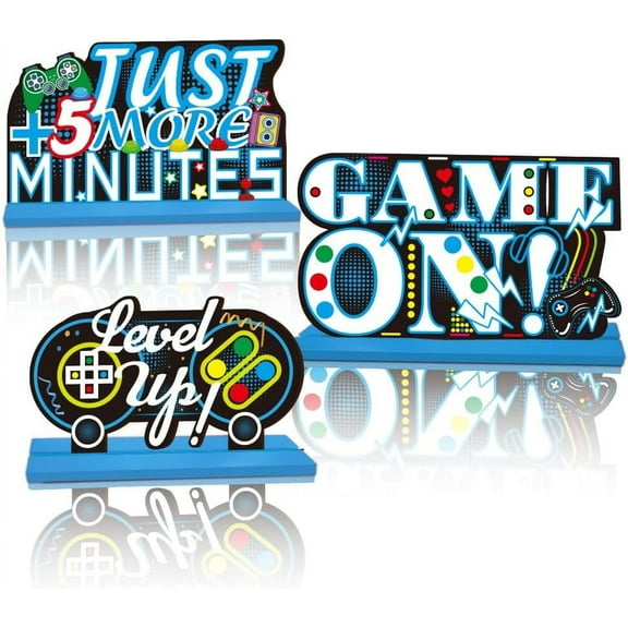 Colorful 3 Styles Game Theme Wood Table Sign Game Party Centerpieces Blue Table Toppers Game On Level Up 3D Video Game Table Decorations Supplies Kit for Home Birthday Party Desks Decor
