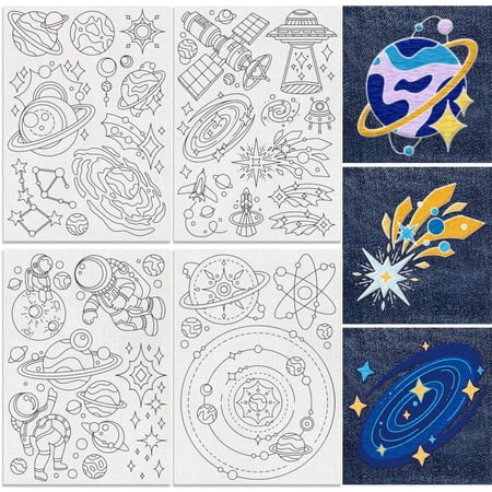 Colorful 32Pcs Planet Galaxy Embroidery Pattern Stabilizers 8.3"x11.7" Solar System Water Soluble Stick and Stitch Embroidery Stickers 4 Sheets Astronaut Hand Sewing DIY Embroidery Paper
