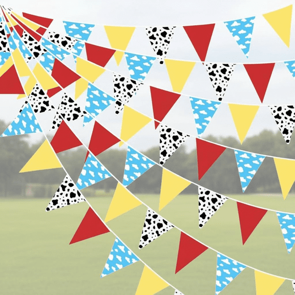 Colorful 32ft Kids Party Banner Garland with Cloud Cow Print Triangle Pennant Flags for Birthday Baby Shower Outdoor Garden Story Themed Decorations