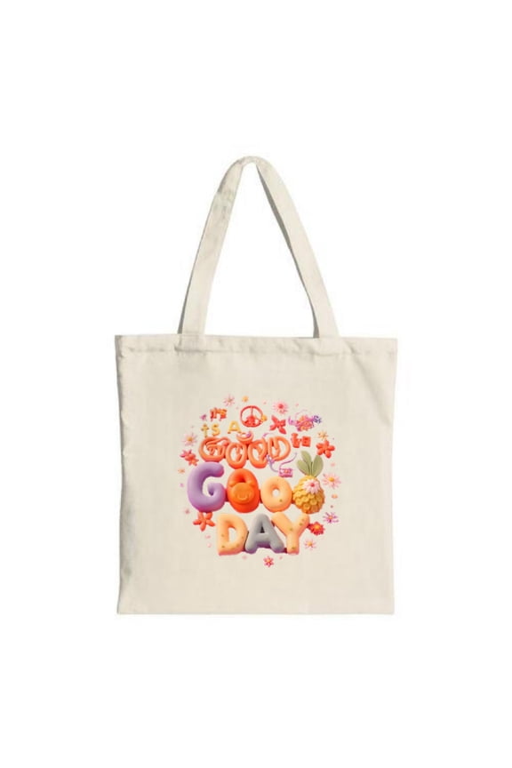 Colorful 3D ' GOOD DAY ' tote bag with flowers pineapple peace sign and heart; perfect for shopping travel and parties