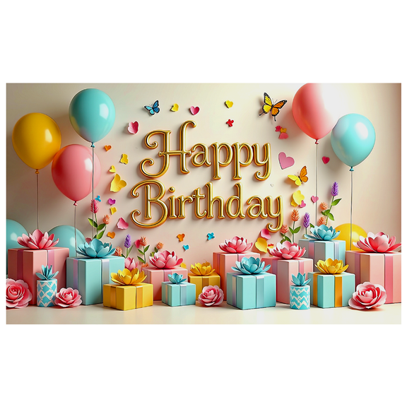 Colorful 3D Happy Birthday Banner with Floral and Butterfly Elements Backdrop Party Decorations for Birthday Party Photo Booth Props and Home Decorations
