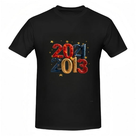 Colorful 3D Numbers T-Shirt for Women - Black Cotton Tee with ' 2021 ' in Red & ' 2013 ' in Blue Starry Background Short Sleeve Top
