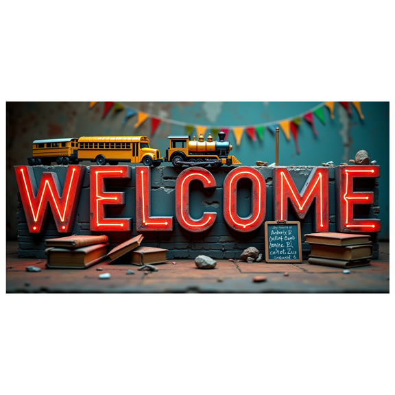 Colorful 3D Welcome Banner with Toy Train School Bus and Miniature Figures Background, Party Decorations for Kids Party School Event Playdate Opening Ceremony Photo Booth Props