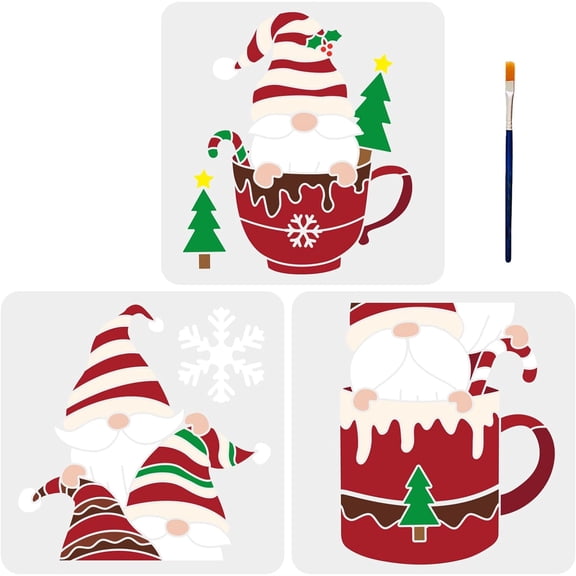 Colorful 3pcs Christmas Gnome Stencils Christmas Ornament Stencils Gnome with Hats in The Cup Splicing Style 11.811.8inch with Paint Brush Reusable Xmas Stencils for DIY Crafts Decoration